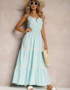 lf women Rochie albastru deschis închisă cu nasturi cu bretele cu elastic în talie și volan Tiamalia