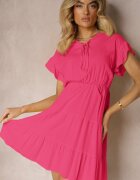 lf women Rochie Fucsia Legată cu Cordon din material cu Elastic în Talie și Volan Tiamari
