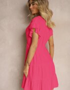 lf women Rochie Fucsia Legată cu Cordon din material cu Elastic în Talie și Volan Tiamari