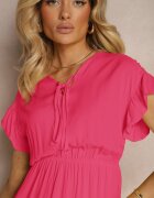 lf women Rochie Fucsia Legată cu Cordon din material cu Elastic în Talie și Volan Tiamari