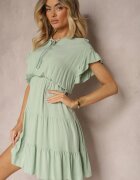 lf women Rochie Mentă Legată Cu Cordon Din Material Cu Elastic În Talie Și Volan Tiamari