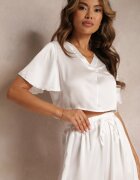 lily rose Bluză Albă Scurtă cu Mâneci Vaporose și Decolteu Triunghiular Yoletta