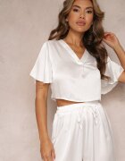 lily rose Bluză Albă Scurtă cu Mâneci Vaporose și Decolteu Triunghiular Yoletta