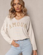 lily rose Bluză Bej Supradimensionată în dungi cu inscripție brodată și decolteu în V