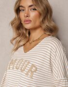 lily rose Bluză Bej Supradimensionată în dungi cu inscripție brodată și decolteu în V