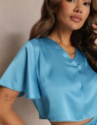 lily rose Bluză Scurtă Albastră cu Mâneci Vaporose și Decolteu Triunghiular Yoletta