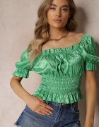 lily rose Bluză Verde cu Decolteu Decorativ și Elastic în Talie din Țesătură de Satin Agathli