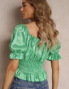 lily rose Bluză Verde cu Decolteu Decorativ și Elastic în Talie din Țesătură de Satin Agathli