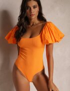 lily rose Body Pomarańczowe din Țesătură Rebrată și cu Mâneci Bufante Decorative Lenitte
