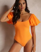 lily rose Body Pomarańczowe din Țesătură Rebrată și cu Mâneci Bufante Decorative Lenitte