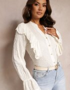 lily rose Cămașă Bej Brodată din Viscoză cu Volane și Manșete Decorative Maybre