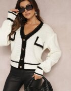 lily rose Cardigan Alb din Tricot cu Bordură Decorativă și Nasturi Amesta