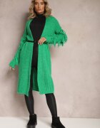 lily rose Cardigan Lung Verde deschis Tricotat cu Franjuri Decorative și Curea Mesfin