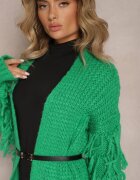 lily rose Cardigan Lung Verde deschis Tricotat cu Franjuri Decorative și Curea Mesfin