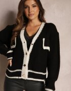 lily rose Cardigan Negru din Tricot cu Bordură Decorativă și Nasturi Amesta