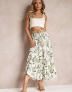 lily rose Fustă Alb-Verde Maxi din Viscoză cu Elastic în Talie și Curea Împletită Favemi