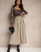 lily rose Fustă Bej închis din Vâscoză cu croială evazată cu centură și elastic în talie Prianna
