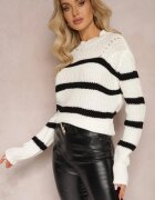lily rose Pulover Alb Elastic în Dungi cu Decolteu Rotund Lillana