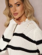 lily rose Pulover Alb Elastic în Dungi cu Decolteu Rotund Lillana