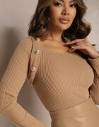 lily rose Pulover Bluză rebrată bej cu nasturi decorativi Dhekial