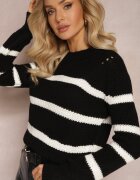 lily rose Pulover Negru Elastic cu Dungi cu Decolteu Rotund Lillana