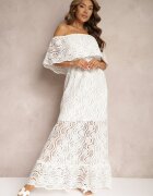 lily rose Rochie Albă Ajurată din Bumbac cu Decolteu Tip Carmen Finisată cu Elastic în Talie Helavia