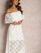 lily rose Rochie Albă Ajurată din Bumbac cu Decolteu Tip Carmen Finisată cu Elastic în Talie Helavia