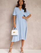 lily rose Rochie Albastră cu Elastic în Talie Mânecă Scurtă și Decolteu Plic Kelila