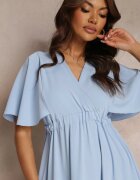 lily rose Rochie Albastră cu Elastic în Talie Mânecă Scurtă și Decolteu Plic Kelila
