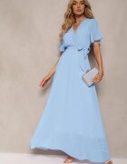 lily rose Rochie Albastră Plisată cu Decolteu Petrecut și Elastic în Talie Dimitris