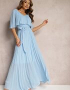 lily rose Rochie Albastră Plisată cu elastic în talie cu volan la decolteu Drenia