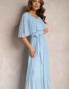 lily rose Rochie Albastră Plisată cu elastic în talie cu volan la decolteu Drenia