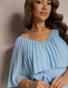 lily rose Rochie Albastră Plisată cu elastic în talie cu volan la decolteu Drenia
