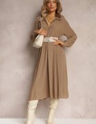lily rose Rochie Bej cu Guler și Fustă Plisată Zade