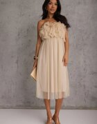 lily rose Rochie bej din tul fără bretele cu volane Tremone