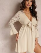 lily rose Rochie Bej Mini cu Elastic în Talie și Mâneci din Dantelă Cobham