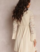 lily rose Rochie Bej Mini cu Elastic în Talie și Mâneci din Dantelă Cobham