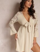 lily rose Rochie Bej Mini cu Elastic în Talie și Mâneci din Dantelă Cobham