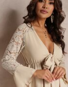 lily rose Rochie Bej Mini cu Elastic în Talie și Mâneci din Dantelă Cobham