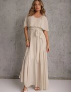 lily rose Rochie Bej Plisată cu Elastic în Talie cu Volan la Decolteu Drenia