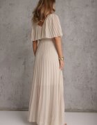 lily rose Rochie Bej Plisată cu Elastic în Talie cu Volan la Decolteu Drenia