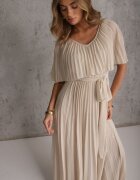 lily rose Rochie Bej Plisată cu Elastic în Talie cu Volan la Decolteu Drenia