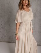 lily rose Rochie Bej Plisată cu Elastic în Talie cu Volan la Decolteu Drenia