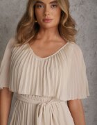 lily rose Rochie Bej Plisată cu Elastic în Talie cu Volan la Decolteu Drenia