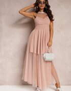 lily rose Rochie Maxi Roz cu Fason Cloș cu Tul Lung și Cirkonii Decorative Amorah