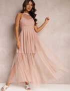 lily rose Rochie Maxi Roz cu Fason Cloș cu Tul Lung și Cirkonii Decorative Amorah