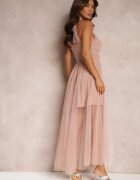 lily rose Rochie Maxi Roz cu Fason Cloș cu Tul Lung și Cirkonii Decorative Amorah