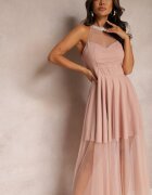 lily rose Rochie Maxi Roz cu Fason Cloș cu Tul Lung și Cirkonii Decorative Amorah