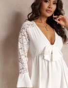 lily rose Rochie Mini Albă cu elastic în talie și mâneci din dantelă Cobham