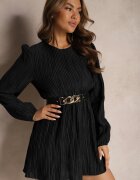 lily rose Rochie Neagră cu Mânecă Lungă Croi Cloș cu Elastic în Talie Kiofina